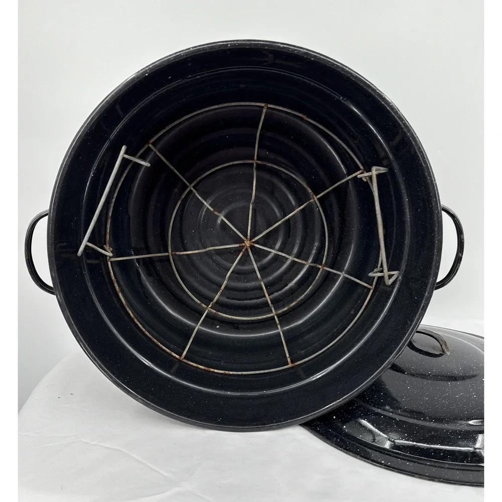 Speckled Black Enamel Graniteware Stock Pot With Lid Steamer 21 Qt  XLG Vintage